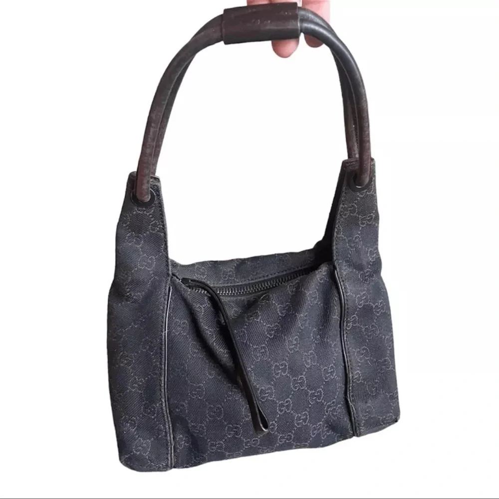 Gucci GG Vintage Canvas Zippered Hobo Bag Black Brown